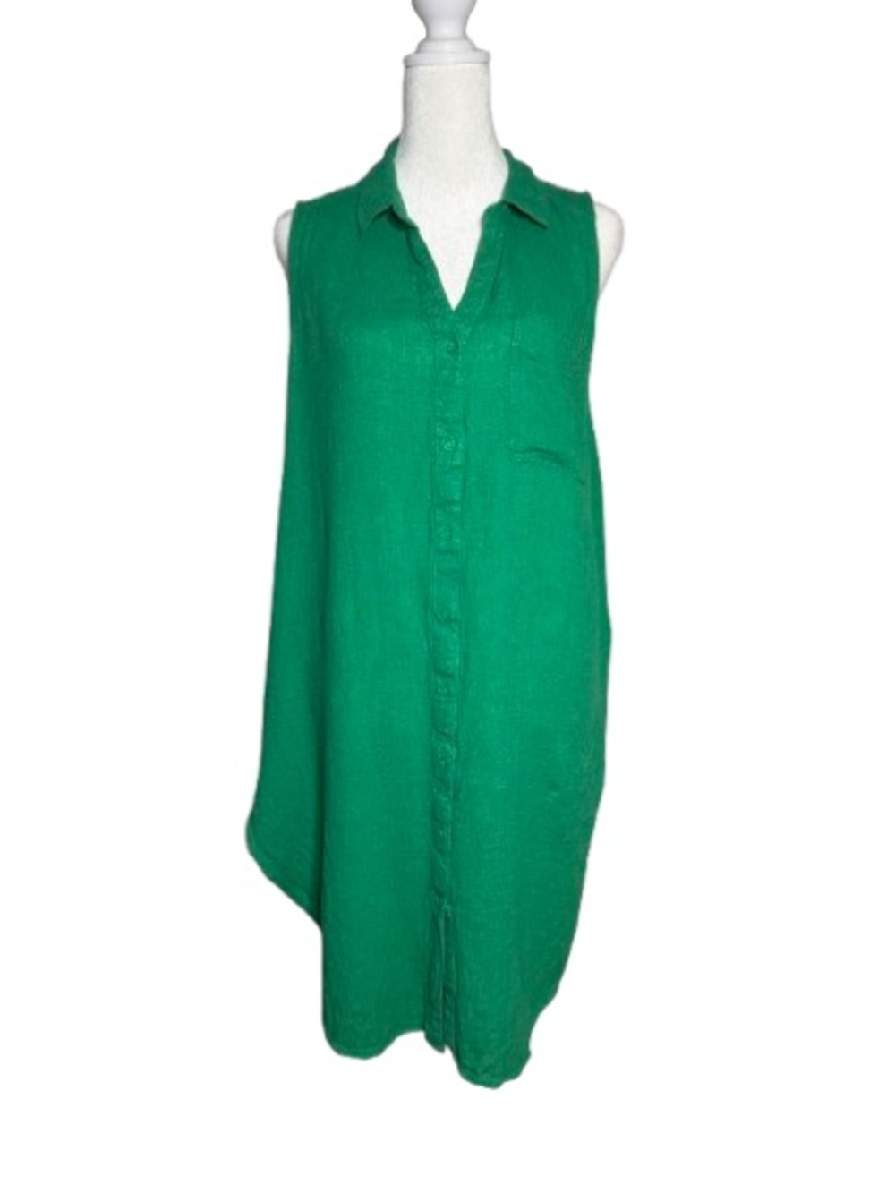 Sleeveless Green Collared Linen Blend  Preppy Long Shirt/Dress